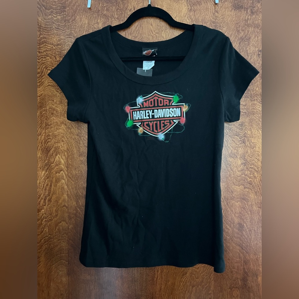 NWT Harley-Davidson Women's Black Tee‎ with Colorful Christmas Lights Logo L